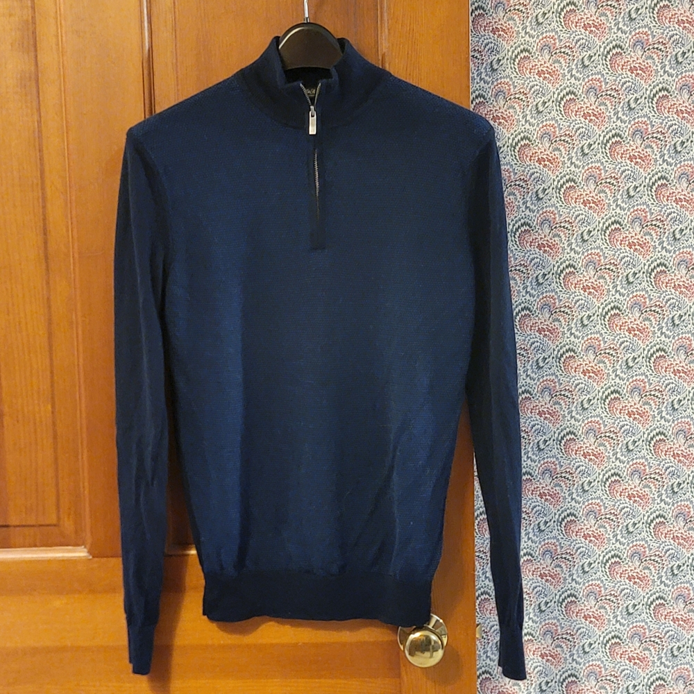 Saks Fifth Avenue Men's Navy Zip-Mock Sweater Small Extra Fine Merino Wool